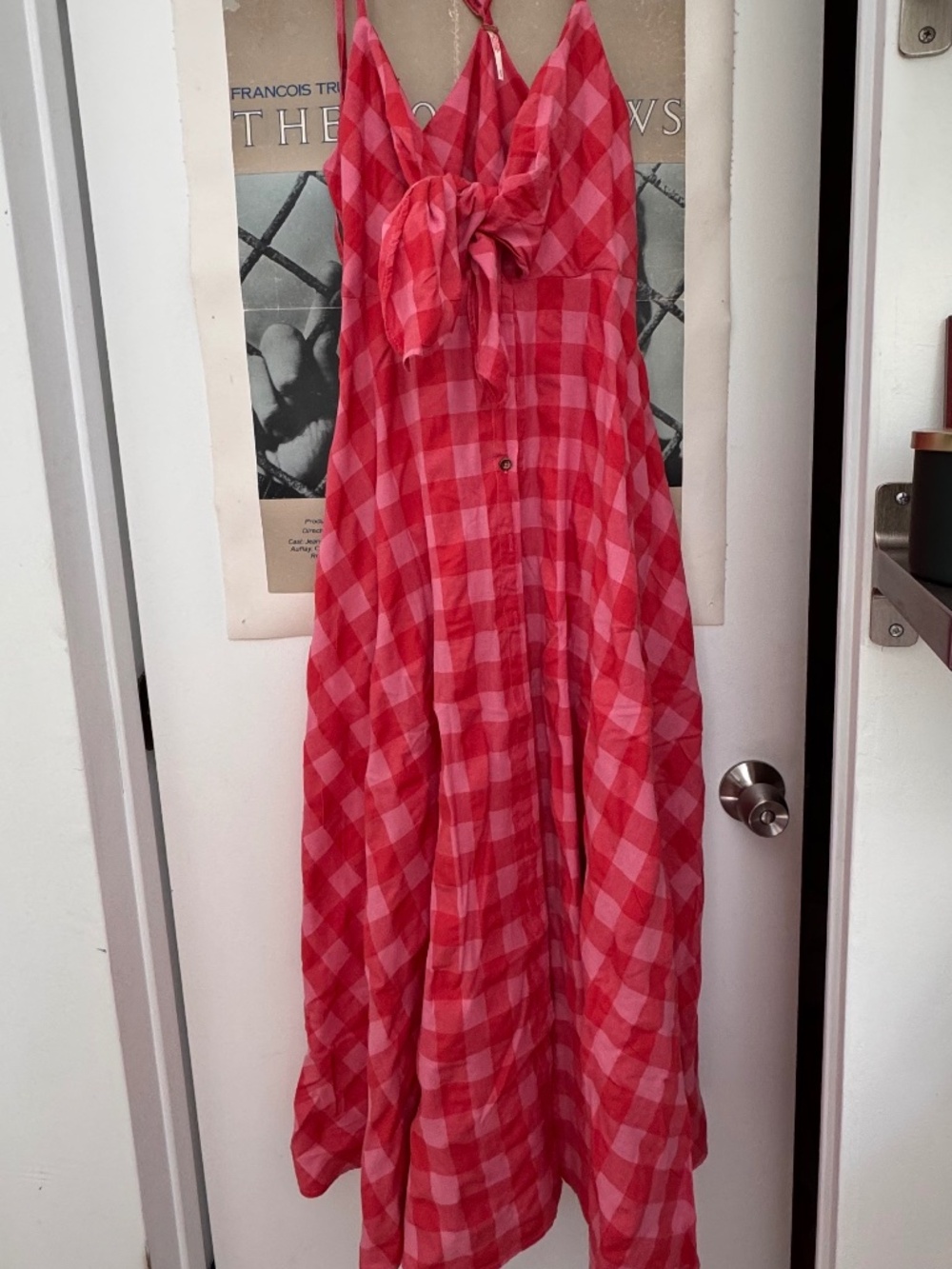 Free People Pink Gingham Tie Front Button Front Maxi Dress 100% Cotton Size M